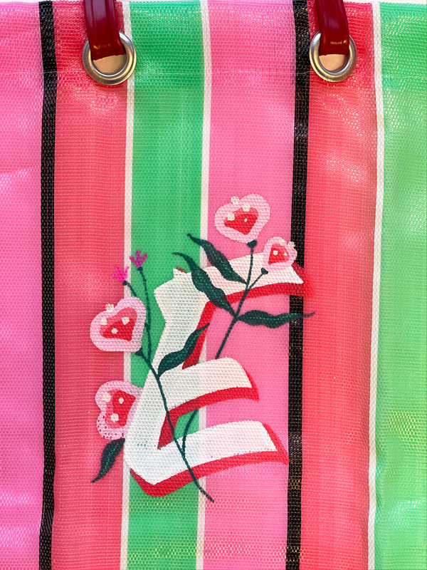 Cabas VIBALA (rouge/vert/rose) avec initiales peintes à la main par l’artiste PATO / B / F / A / L / S / R / N