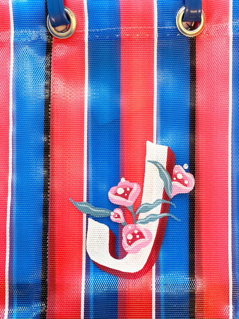 Cabas VIBALA (rouge/bleu) avec be initiales peintes à la main par l’artiste PATO / A / J / L / S