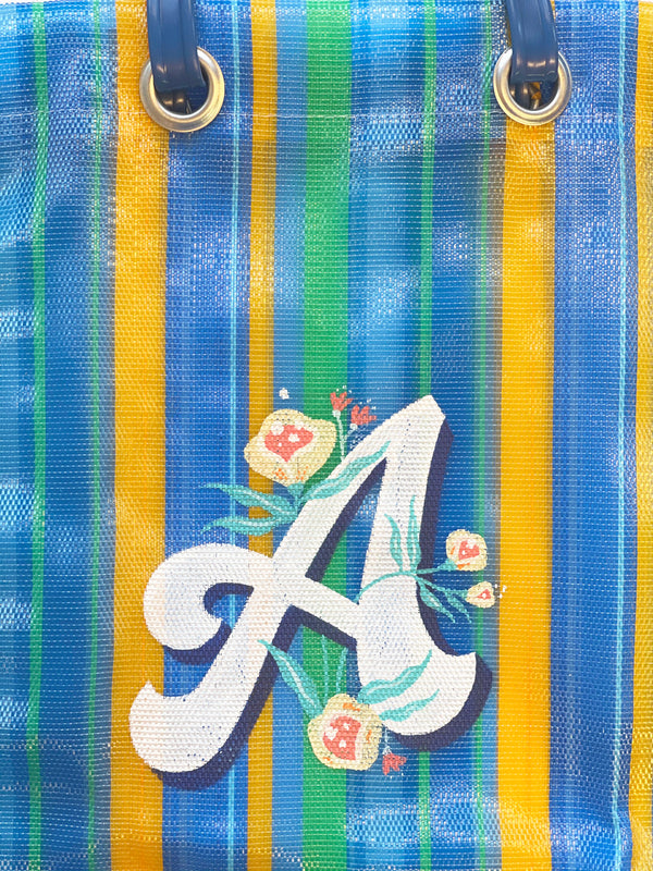 VIBALA Tasche (grün/blau/orange) mit Initialen, kreiert und handbemalt vom Künstler PATO.