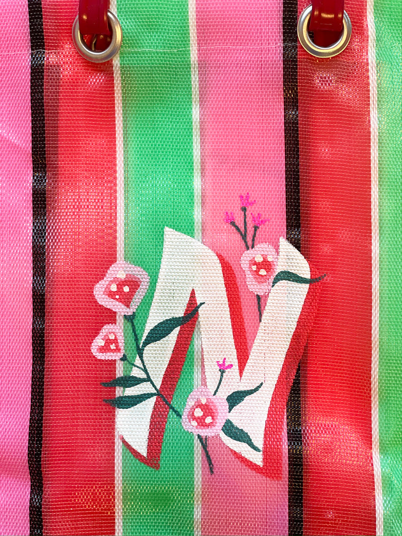VIBALA Tasche (rot/grün/rosa) mit Initialen, kreiert und handbemalt vom Künstler PATO.